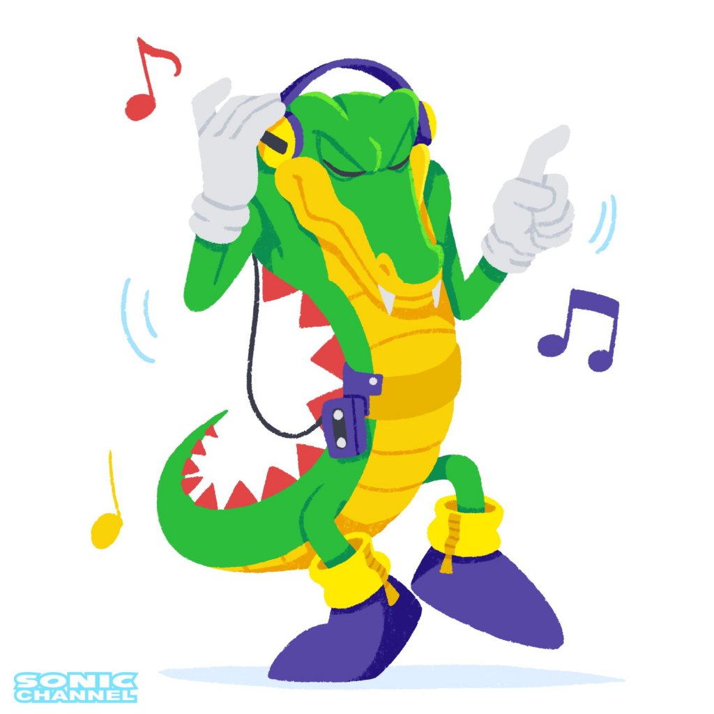 April 2026 Sonic Channel commemorative illustration featuring Vector the Crocodile from Knuckles' Chaotix