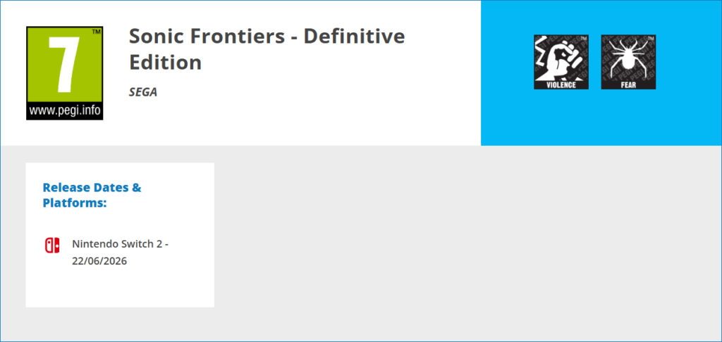 Sonic Frontiers Definitive Edition Rated by PEGI for Nintendo Switch 2